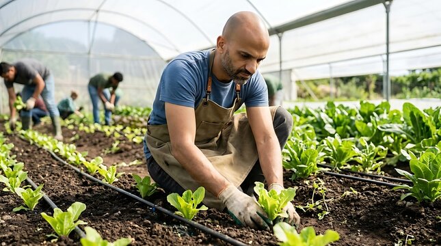 Agricultural workers cultivate organic vegetable crops inside a spacious commercial greenhouse.