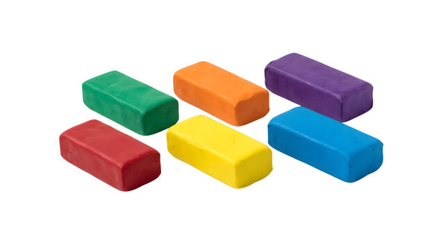 Colorful modeling clay bars set, vibrant plasticine blocks for kids art, rainbow colored play dough pieces on white background