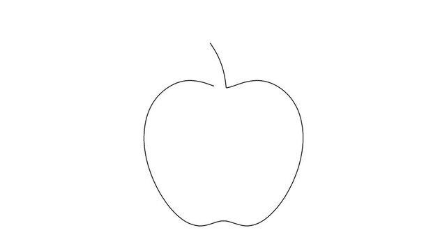 Simple line drawing animation of ripe apple with leaf appearing on white background video.