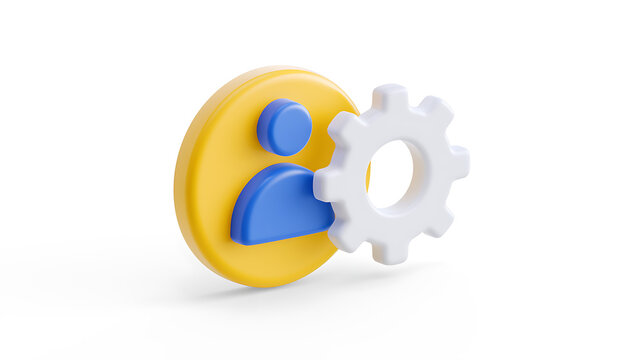 3D Render of a Yellow Circle with a Blue User Profile Icon and a White Gear Symbol, Illustrating Account Settings, Management, or Personalization