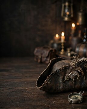Pirate adventure. Worn tricorn hat and antique compass on a rustic wooden table, International Talk Like a Pirate Day, historical maritime decor for themed events.