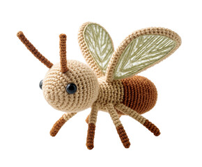 Fototapeta premium Crocheted insect, a charming handmade yarn creature with delicate wings and expressive black eyes, showcasing intricate craftsmanship.