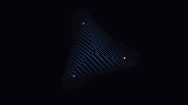 Abstract geometric triangle animation with glowing particle dots moving along blue neon lines on dark background creating dynamic symmetrical motion pattern visual.