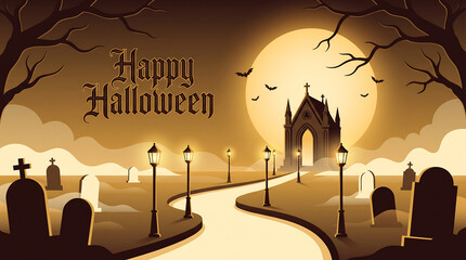 Naklejka premium Halloween illustration depicts a cemetery with a gothic chapel and a full moon