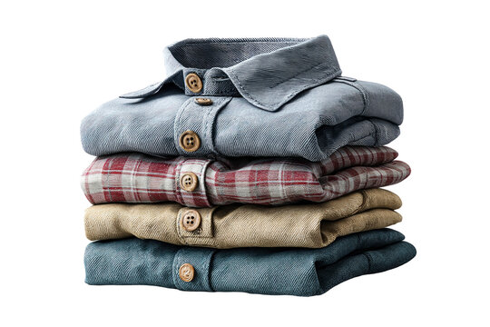 Stack of neatly folded casual men's shirts, presenting a harmonious collection of diverse fabrics, classic patterns, and charming natural wooden buttons.