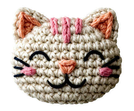 Crocheted cat face with cute embroidered features and soft yarn texture, showcasing handmade craftsmanship and a charming, whimsical design.