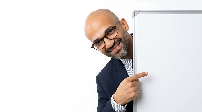 Businessman pointing at a blank whiteboard with a smile against a white background.