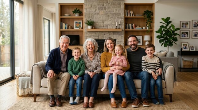 Happy multi-generational family portrait sitting together on a couch in a modern living room