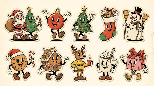 Set of 10 vintage cartoon christmas characters and festive elements