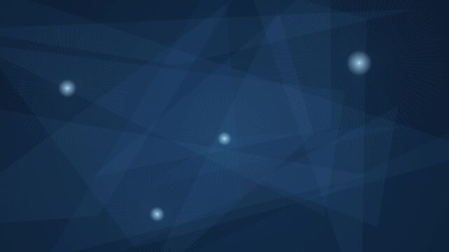 Abstract dark blue motion background featuring rotating geometric triangle shapes with glowing light points creating seamless digital loop for modern tech projects.