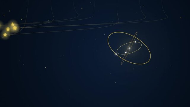 Abstract space animation showing celestial orbits and constellation stars moving through dark blue cosmic void with minimalist geometric lines in motion footage.