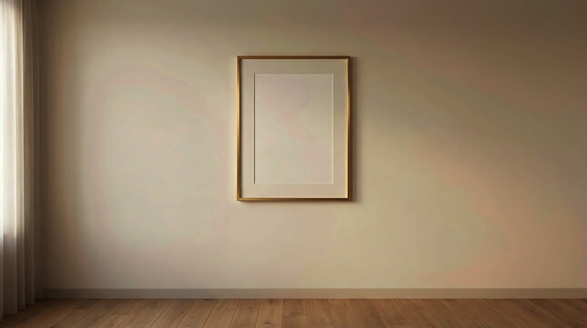 Empty picture frame hanging on a beige wall in a simple home interior room with wooden floor.