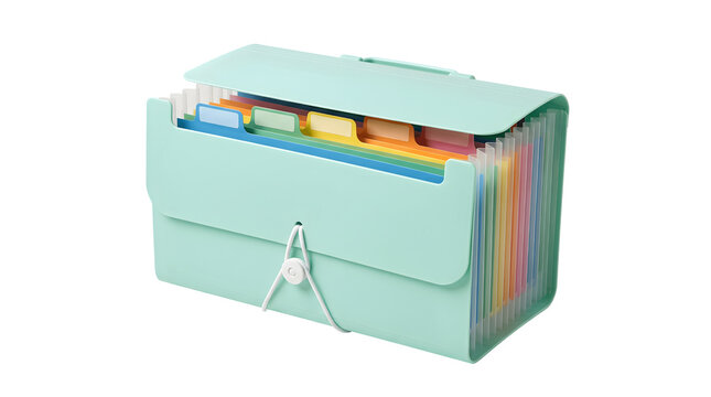 Mint green expanding file folder with colorful tabs, portable accordion document organizer, plastic office storage box for paperwork