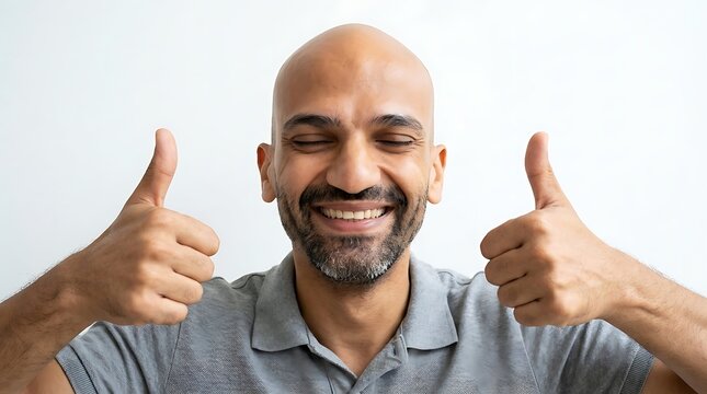 Man giving two thumbs up gestures while smiling with eyes closed in front of a white wall.