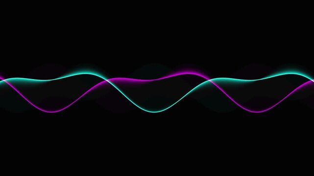 Abstract motion graphic with glowing neon cyan and purple sine waves oscillating smoothly on black background representing digital sound signal audio frequency flow.