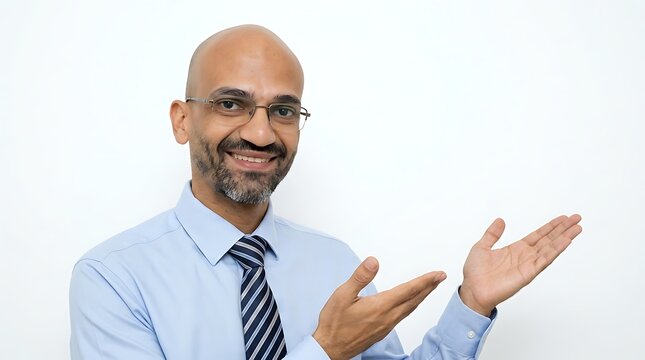 Businessman with glasses gesturing with open hands against a white background.