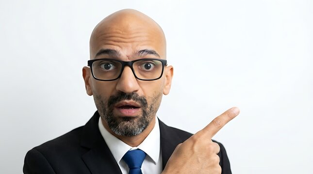 Businessman pointing to side space with surprised facial expression.