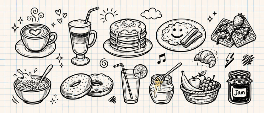 Breakfast Food and Drinks Hand Drawn Doodle Vector Set with Coffee, Pancakes, Waffles and Fruit for Menu and Cafe Design