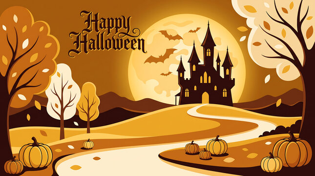 Haunted castle vector illustration features a spooky landscape with pumpkins and bats