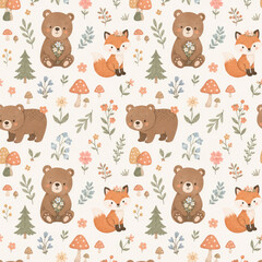 Naklejka premium Cute Woodland Animals Seamless Pattern for Nursery and Kids