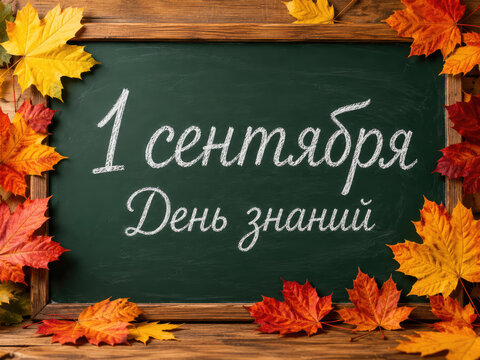 September 1 Knowledge Day Chalkboard with Autumn Maple Leaves