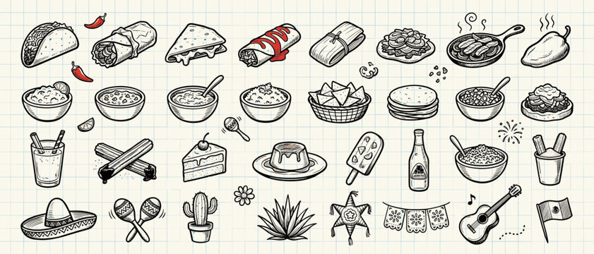 Mexican Food Hand Drawn Doodle Vector Set with Taco, Burrito, Guacamole and Nachos for Restaurant Menu Design