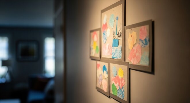 Children's Art Displayed On A Wall Creating A Colorful Gallery Of Young Creativity