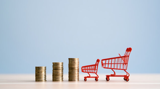 Growing Stacks of Coins and Red Shopping Carts on a Light Blue Background, Symbolizing Financial Growth, Consumer Spending, and Investment Strategy