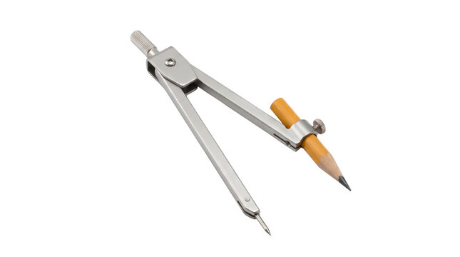 Professional metal drawing compass with pencil, precision drafting tool for geometry, stainless steel architect divider on white background