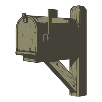 Rural Mailbox with Wooden Post and Raised Flag, Isolated Vintage American Rural Postal Box Vector Illustration For Vintage-style rural mailbox mounted on a wooden post with a raised red flag, isolated