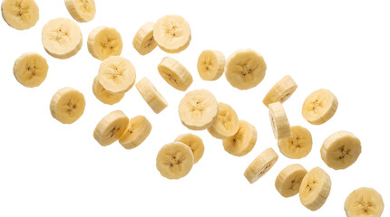 Flying Sliced Yellow Bananas Levitating in Mid Air Isolated on White Background © NajminAkhter