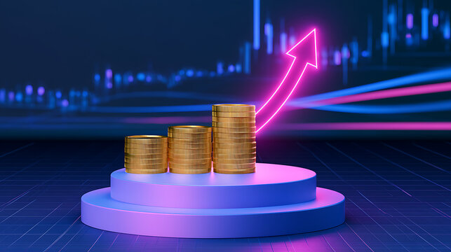Three stacks of gold coins on a neon podium with a glowing pink arrow pointing upwards against a blue digital financial chart background