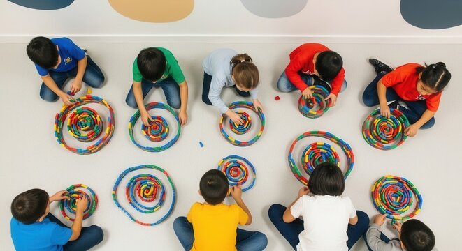 Children Collaborating On Colorful Spiral Projects Engaging Their Creativity And Fine Motor Skills