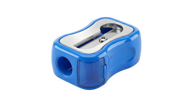 Blue plastic pencil sharpener with a metal blade and a small transparent shavings container isolated on transparent background