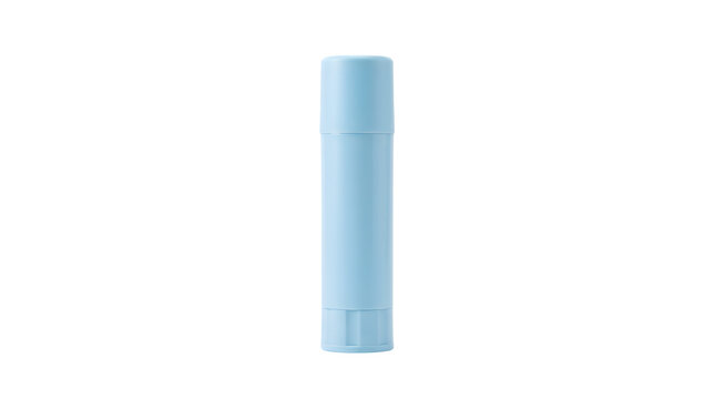 Light blue lip balm tube, moisturizing chapstick container, plastic cosmetic packaging mockup isolated on white background