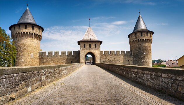 historic stone city gate with fortress towers