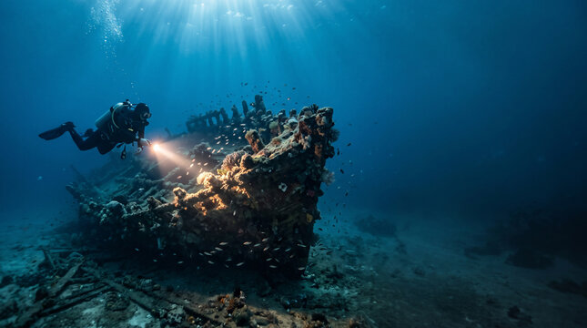 Underwater Exploration: A scuba diver illuminates a sunken shipwreck on the ocean floor, beams of sunlight piercing the deep blue water, creating a mesmerizing scene of underwater discovery.