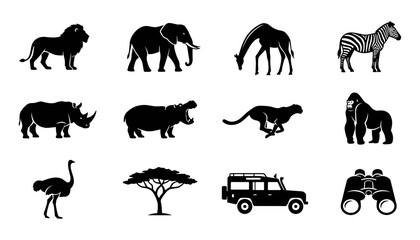 Obraz premium Set of african safari animals, tree, offroad vehicle and binoculars silhouettes