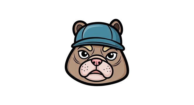 Cute cartoon bear wearing a blue baseball cap, vector illustration, bold lines, white background