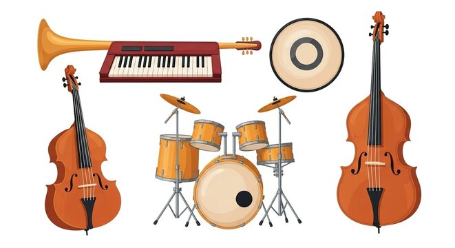 Ensemble of Diverse Musical Instruments: Double Bass, Drum Kit, Keyboard, Trumpet, and Djembe on White Background