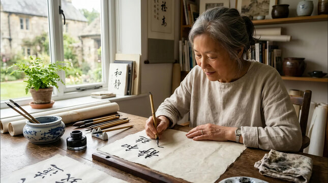Mature east asian woman practicing traditional chinese calligraphy using bamboo brush and black ink on textured paper in bright studio