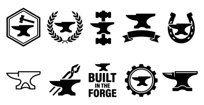 Collection of blacksmith forge and metalworking anvil workshop icons with blacksmith metalworking workshop