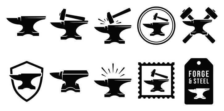 Black and white blacksmith shop and metal forging tool icons set with blacksmith metalworking workshop