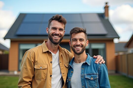 A joyous gay couple poses in front of their new home with a solar panel roof, symbolizing love, sustainability, and progress in the LGBTQ community.
