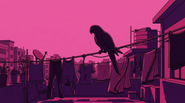A parrot silhouette perched on a cluttered rooftop clothesline illustration - Retro-pop style flat vector illustration