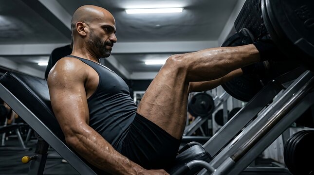 Man executes heavy leg press workout on weight machine in dark fitness center.