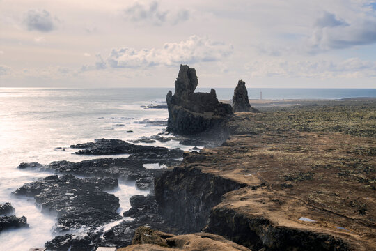 The L&oacute;ndrangar are a pair of rock pinnacles in Iceland. They are volcanic plugs of basalt, that have been hewn out from softer surrounding rock by erosion.