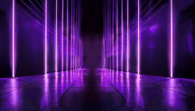 glowing purple neon tubes casting deep shadows in a dark atmospheric scene