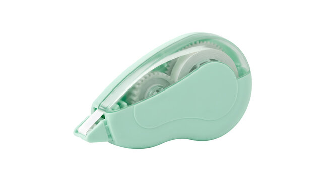 Mint green correction tape dispenser, portable white out roller for office and school, ergonomic stationery tool on white background