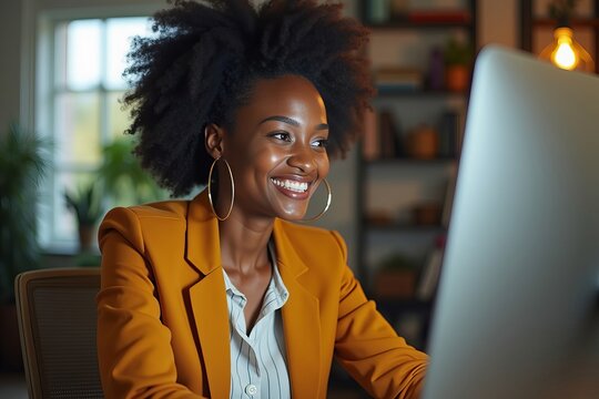 Passionate young African female designer immersed in work at a chic office, focusing on her computer screen